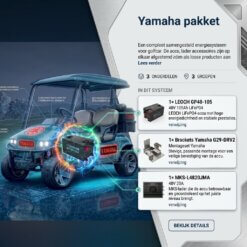 Compleet Yamaha golfcarpakket met LEOCH 48V 105Ah lithiumaccu, 48V 20A acculader en Yamaha montagebrackets.